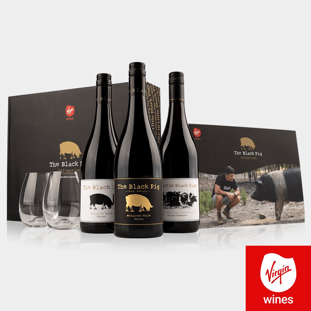 Virgin Wines Black Pig Red Wine Trio And Glasses Hamper