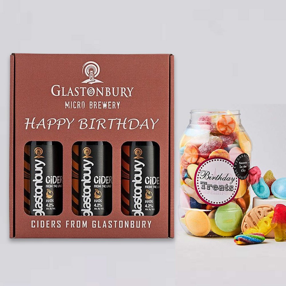 Glastonbury Micro Brewery Birthday Sweet Treats (450G) & Happy Birthday Traditional Cider Gift Pack 