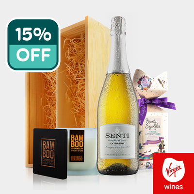 Virgin Wines Prosecco, Chocolates & Candle in Wooden Gift Box