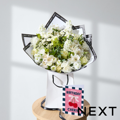 Elegant White Rose, Stock & Alstroemeria Bouquet in Gift Bag