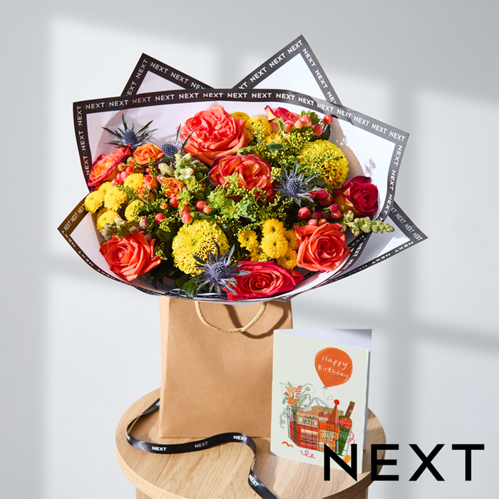 Warm Orange Rose, Yellow Santini & Antirrhinum Bouquet in Gift Bag