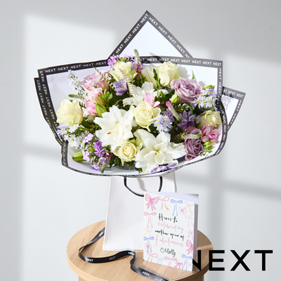 Soft Pink & Lilac Fresh Flower Bouquet with White Lilies in Gift Bag