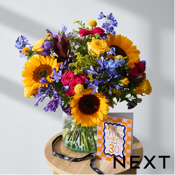 Sunflower, Rose & Blue Delphinium Fresh Flower Bouquet