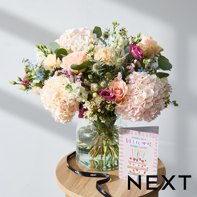 Soft Pink Hydrangea & Peach Rose Hand‑Tied Flower Bouquet