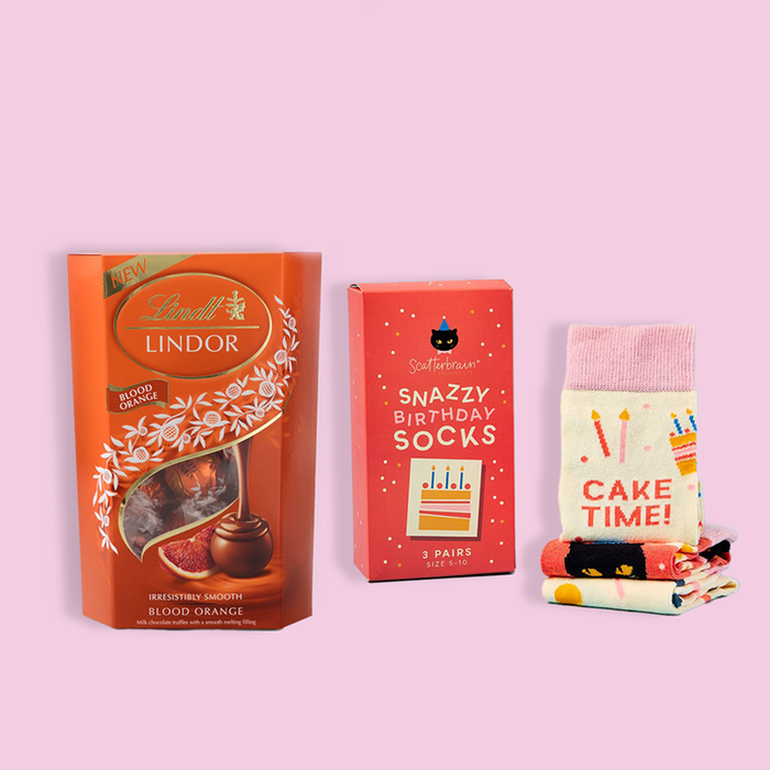 Lindt Lindor Milk Blood Orange Chocolate Truffles (200g) & Scatterbrain Snazzy Birthday Socks 3 Pack