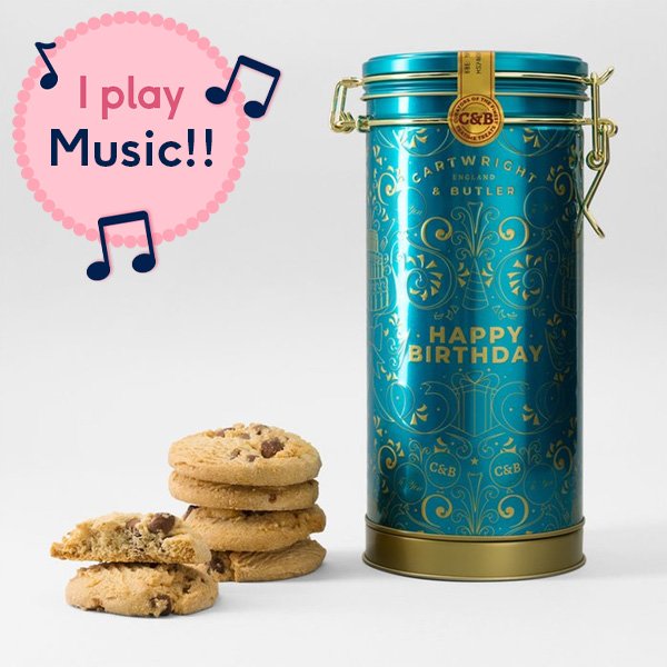 Cartwright and Butler Happy Birthday Musical Biscuit Tin & Milk Chocolate Chunk Biscuits 200g