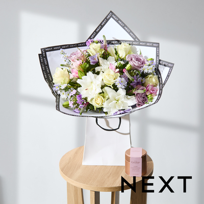 Soft Pink & Lilac Fresh Flower Bouquet with White Lilies and Hotel Chocolat Champagne Pink Truffles Gift Set