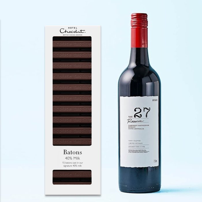 Hotel Chocolat 40% Milk Chocolate Batons & VAT 27 Reserve Cabernet Sauvignon Merlot