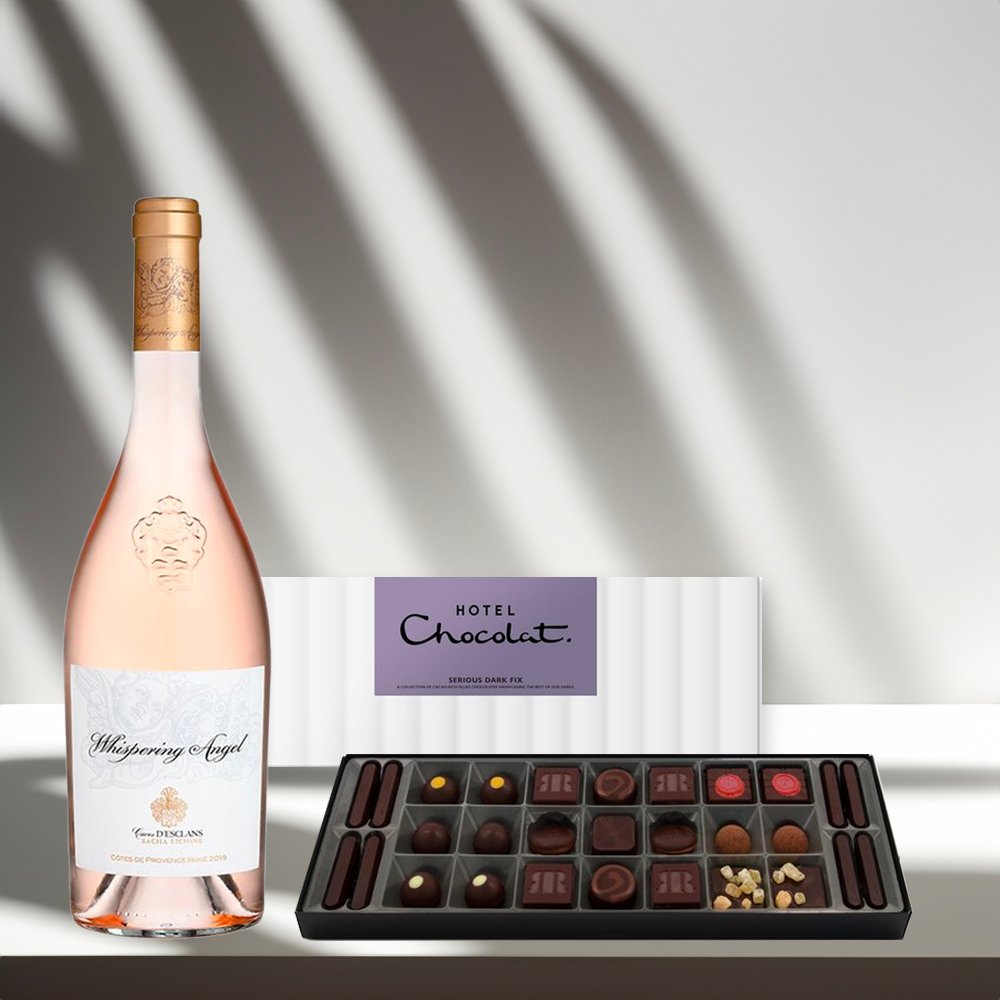 Hotel Chocolat Dark Sleekster & Whispering Angel Rose 75Cl Gift Set Alcohol