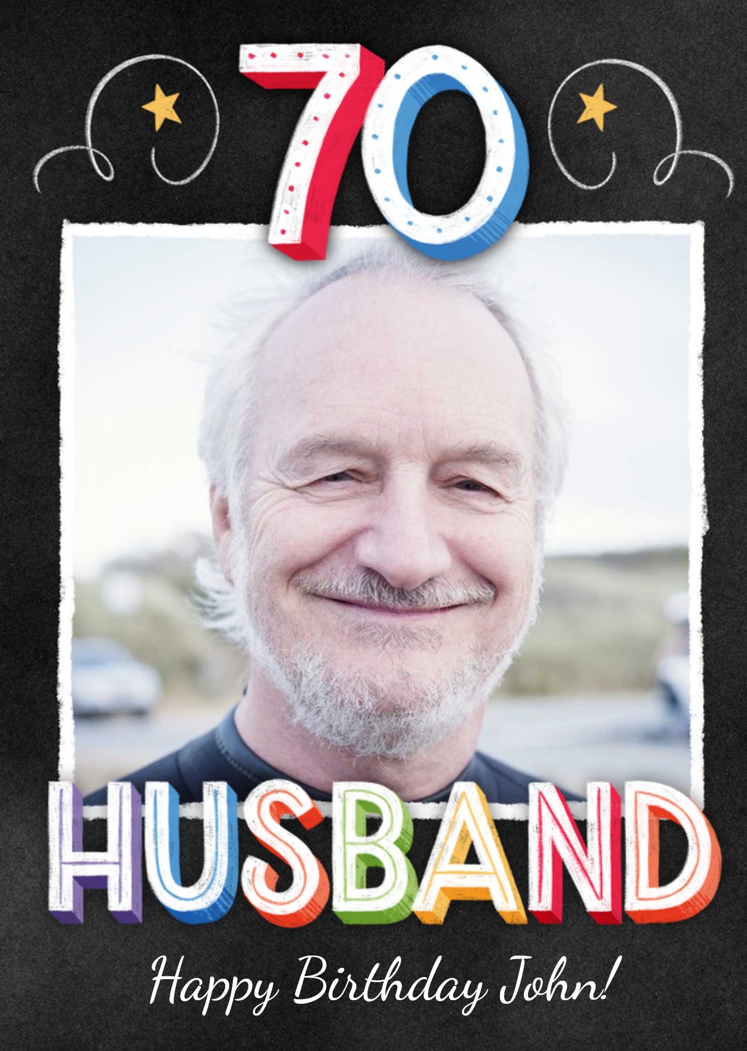 Moonpig Colourful 3D Text With A Photo Frame Husband's Seventieth Photo Upload Birthday Card