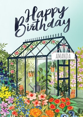 Beautiful Botanical Hand-Painted Greenhouse Illustration Happy Birthday Card