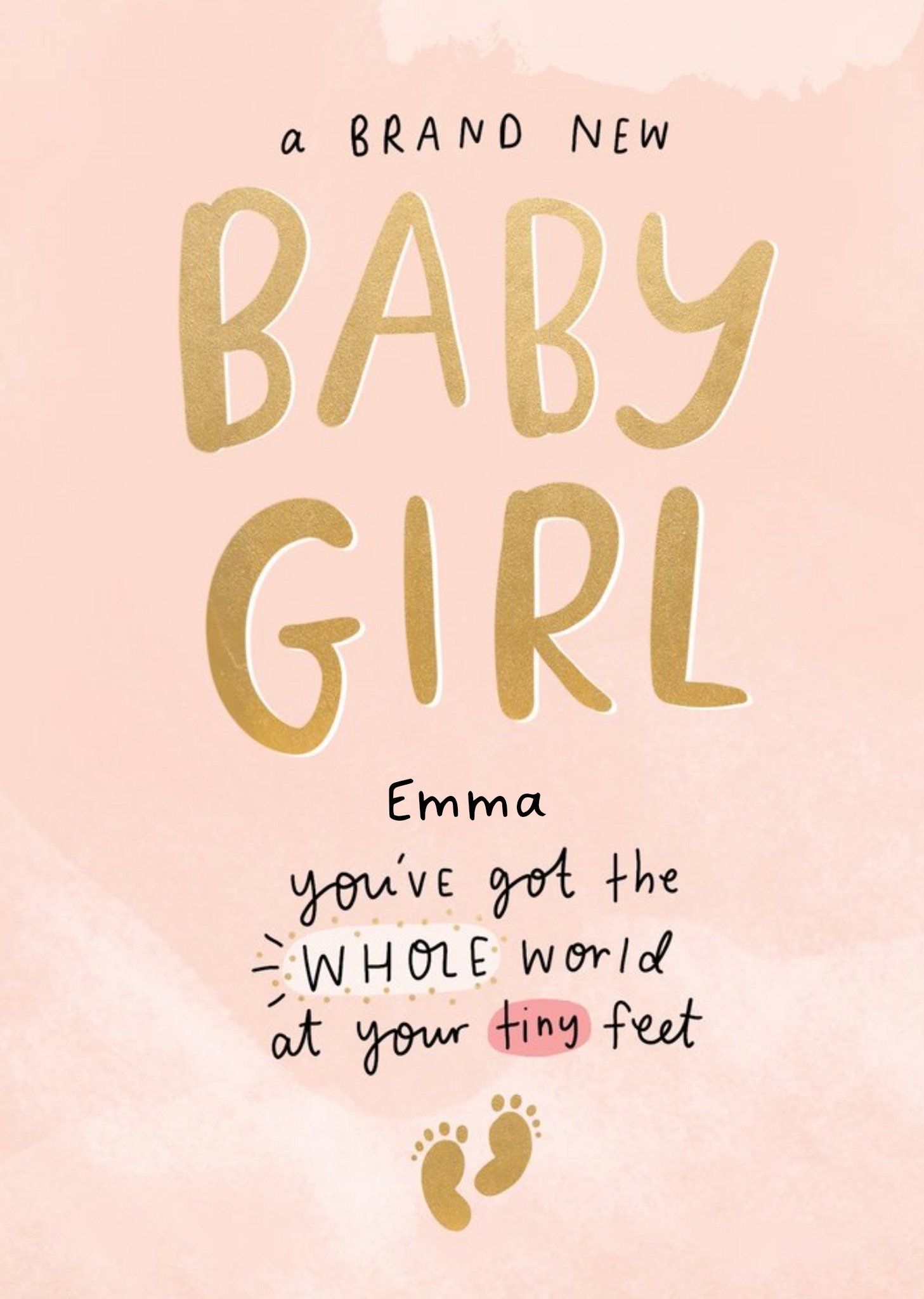 Moonpig Handwritten Typography With Baby Footprints On A Pink Background New Baby Girl Card