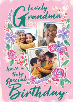 Floral Illustrated Lovely Grandma Photo Upload Birthday Card