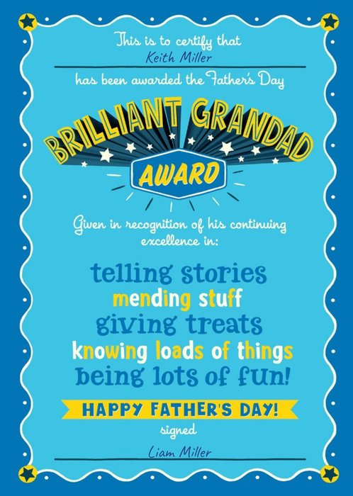 Brilliant Grandad Award Fathers Day Card