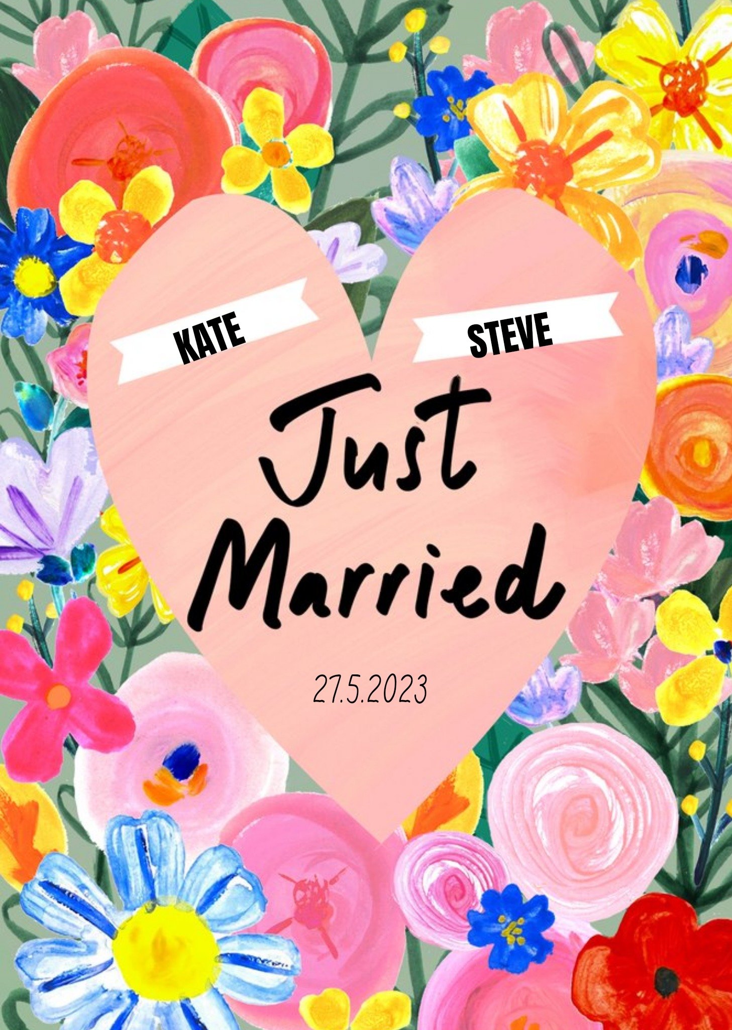 Moonpig Illustrated Floral Heart Customisable Just Married Card