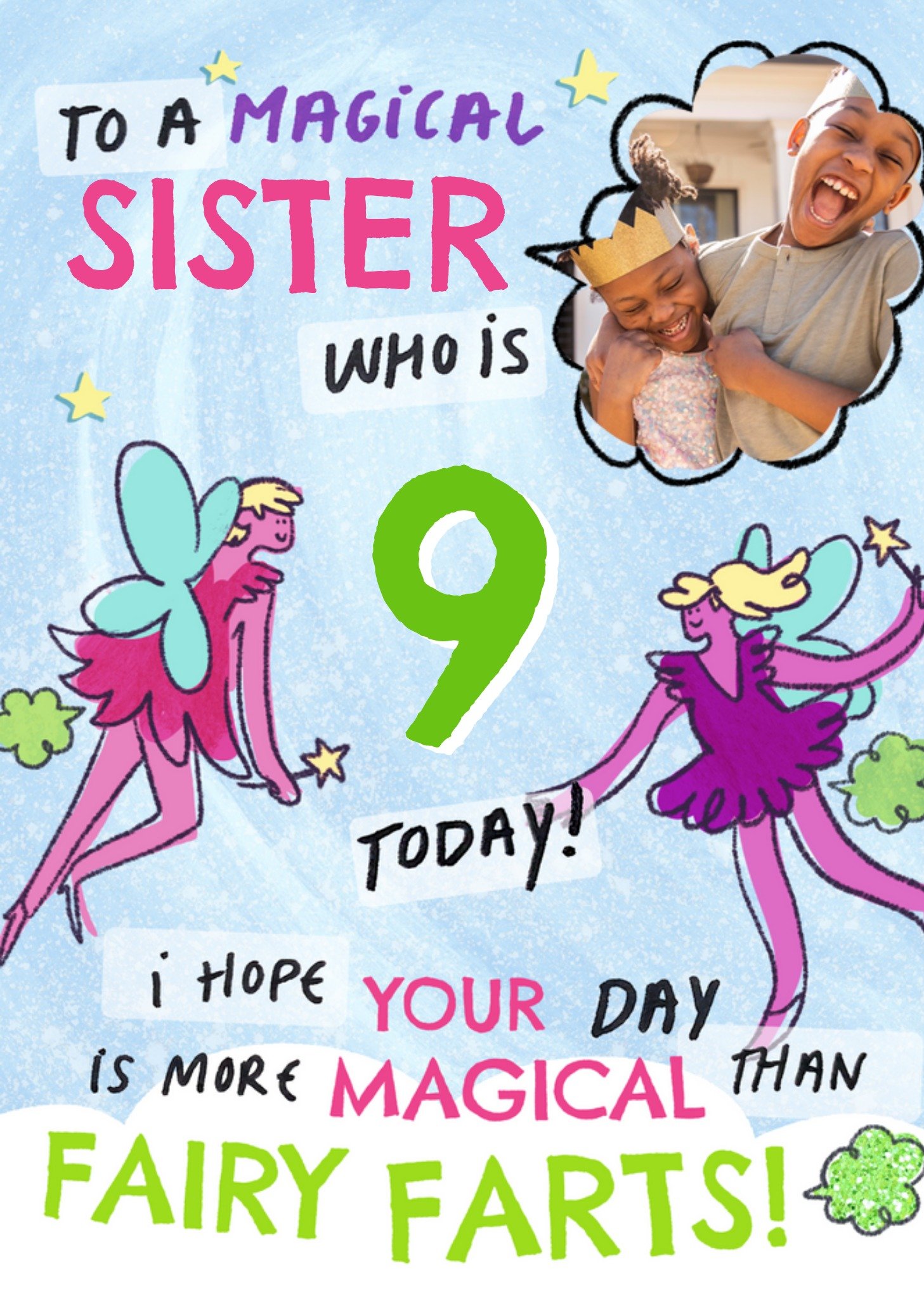 Moonpig Gross To A Magical Sister 9 Today Fairy Farts Illustrated Fairies Birthday Card, Large