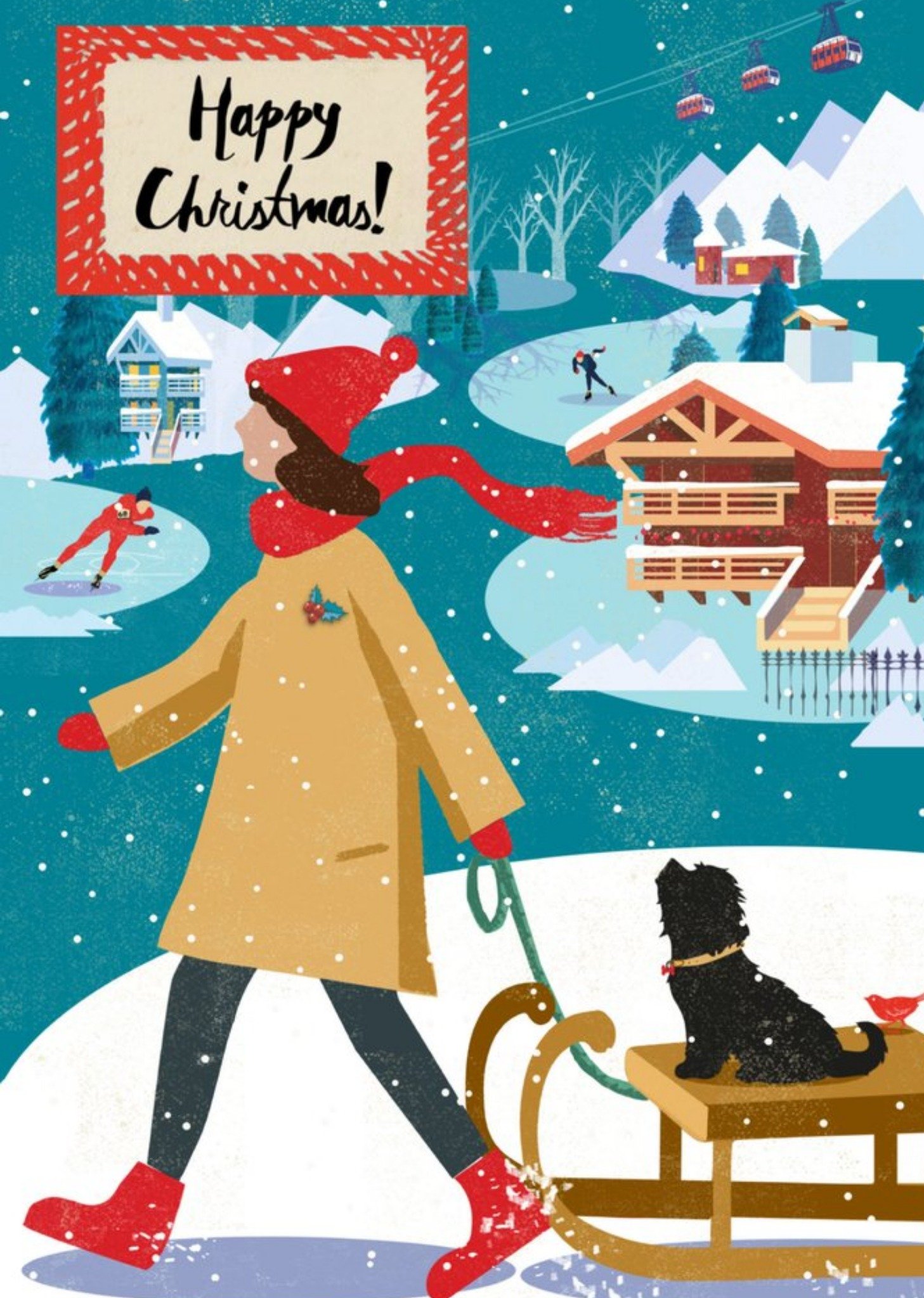 Moonpig Cute Illustrative Winter Landscape Dog On Ski Christmas Card