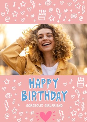 Fun Pattern Typographic Girflriend Photo Upload Birthday Card