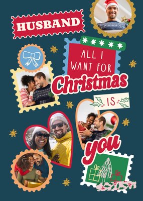 Husband All I Want For Christmas Is You Typography Photo Upload Card