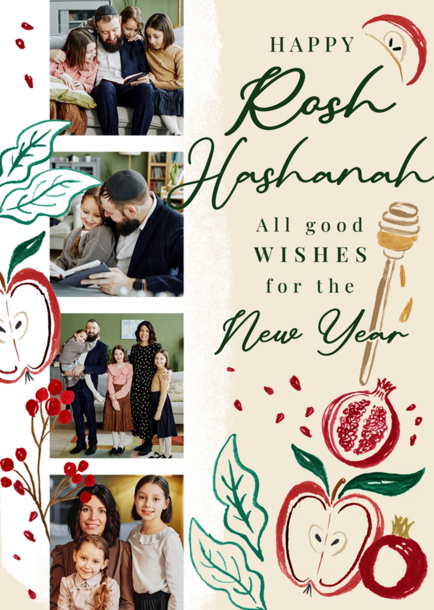 Moonpig Honey Apple And Pomegranate Painted Illustrations Multi Photo Upload Good Wishes Rosh Hashan