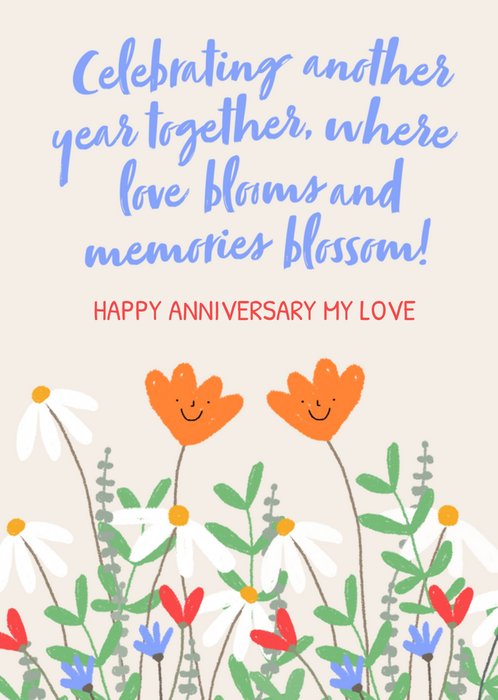 Celebrating Another Year Together Where Love Blooms And Memories Blossom Illustrated Flowers Anniversary Card