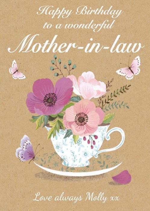 Beautiful Illustration Of Flowers In A Tea Cup Surrounded By Butterflies Mother-In-Law Birthday Card