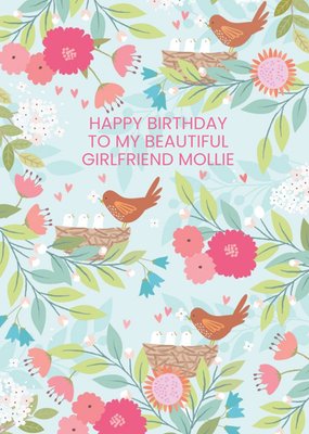 Pastel Flowers And Birds Personalised Beautiful Girlfriend Happy Birthday Card