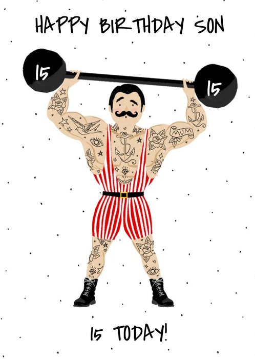 Circus Strongman Illustrated15th Son Birthday Card By Okey Dokey Design