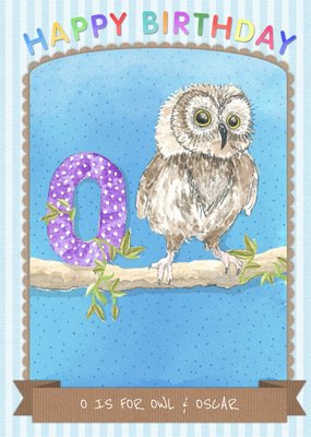 Pinstriped O Is For Owl Personalised Birthday Card