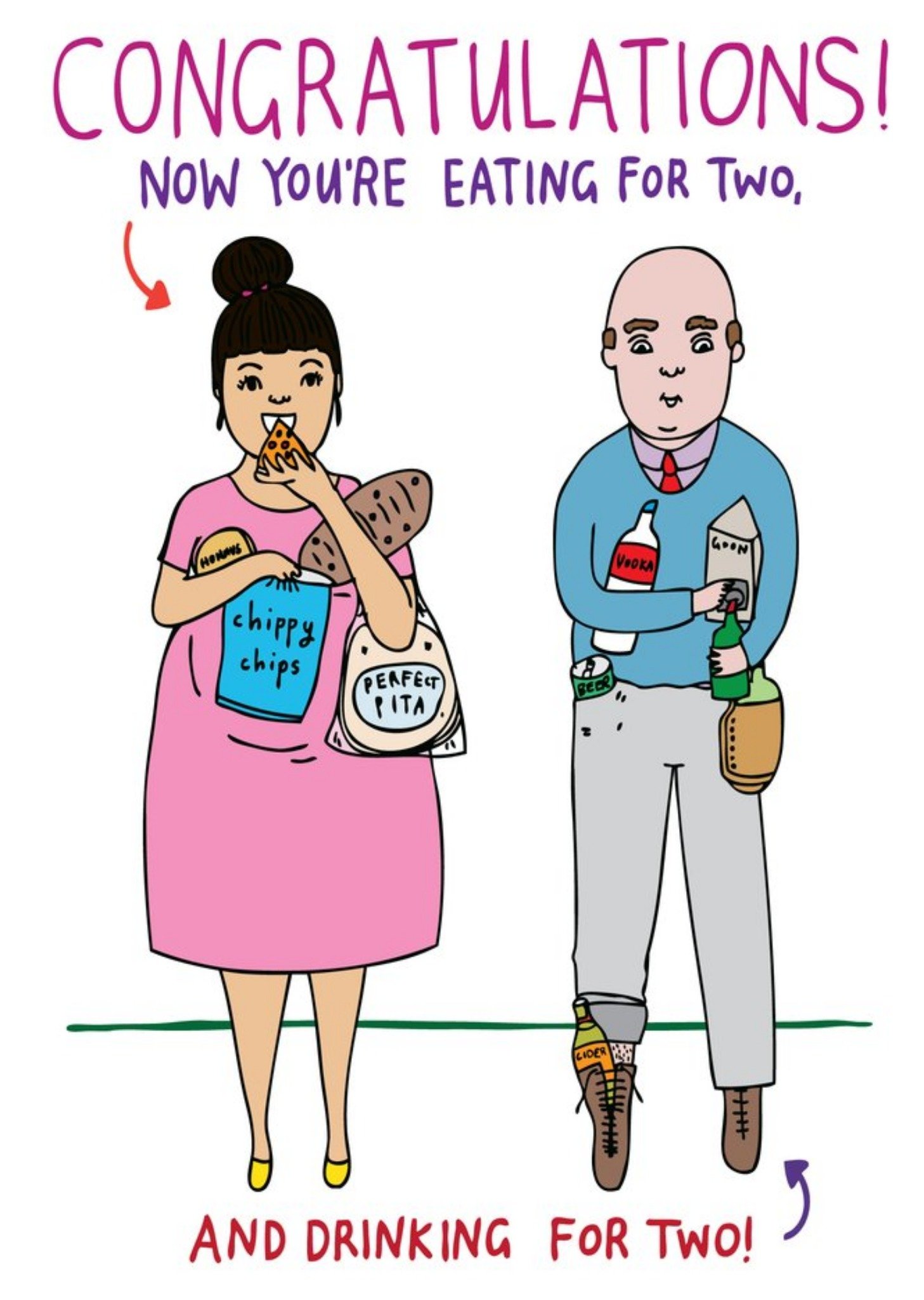 Moonpig Funny Illustration Of A Woman Eating And A Man With Drink New Baby Congratulations Card