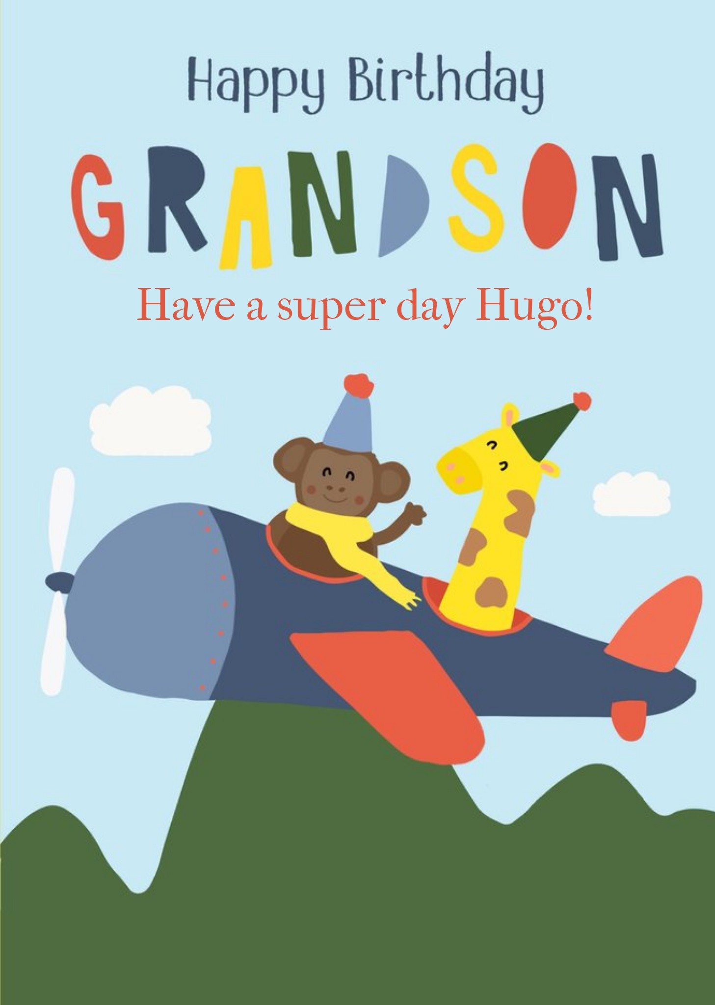 Moonpig Illustrated Animals Riding A Plane Happy Birthday Grandson Personalised Birthday Card