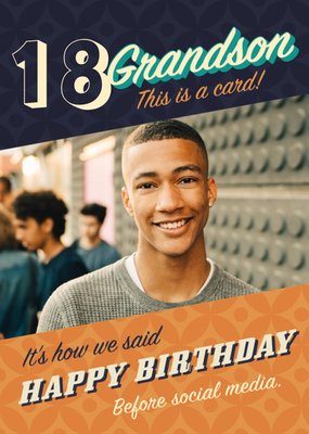 Typographic Sarcastic 18th Birthday Grandson Photo Upload Card