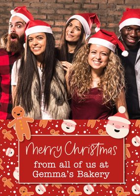Handwritten Typography With A Father Christmas And Gingerbread Man Pattern Merry Christmas Photo Upload Card