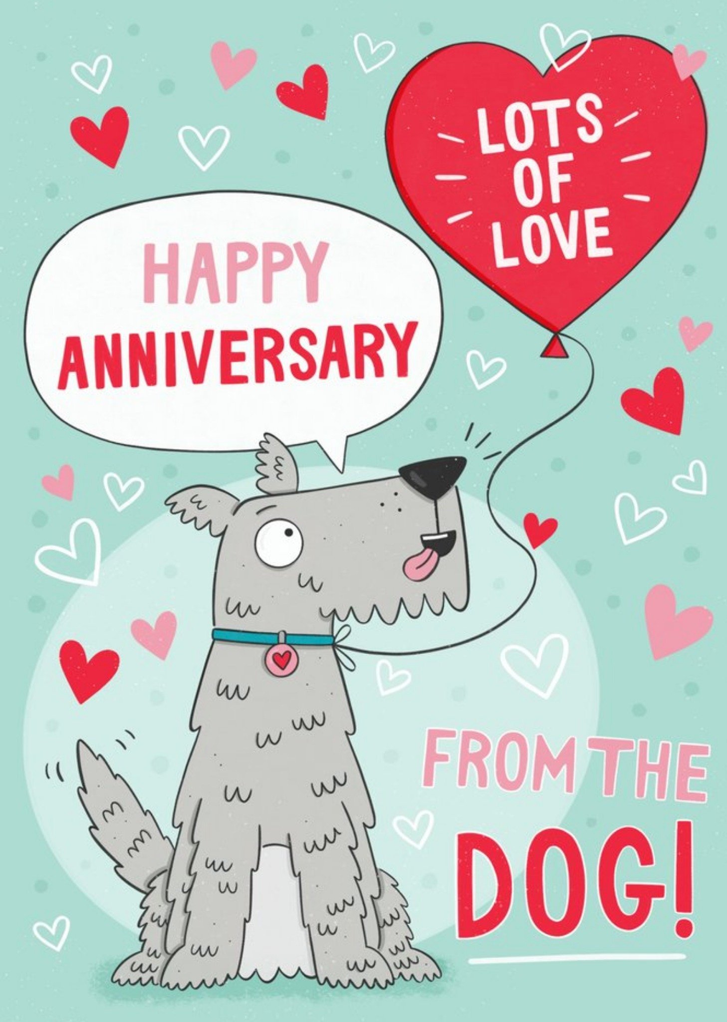 Moonpig Illustration Of A Dog With A Heart Shaped Balloon Surrounded By Hearts From The Dog Annivers