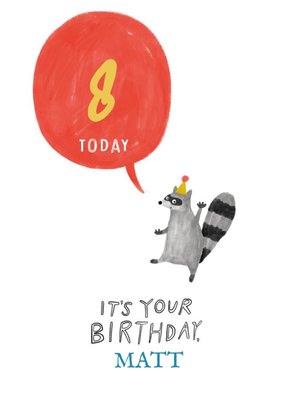 Illustration Of A Raccoon In A Party Hat Eighth Birthday Card