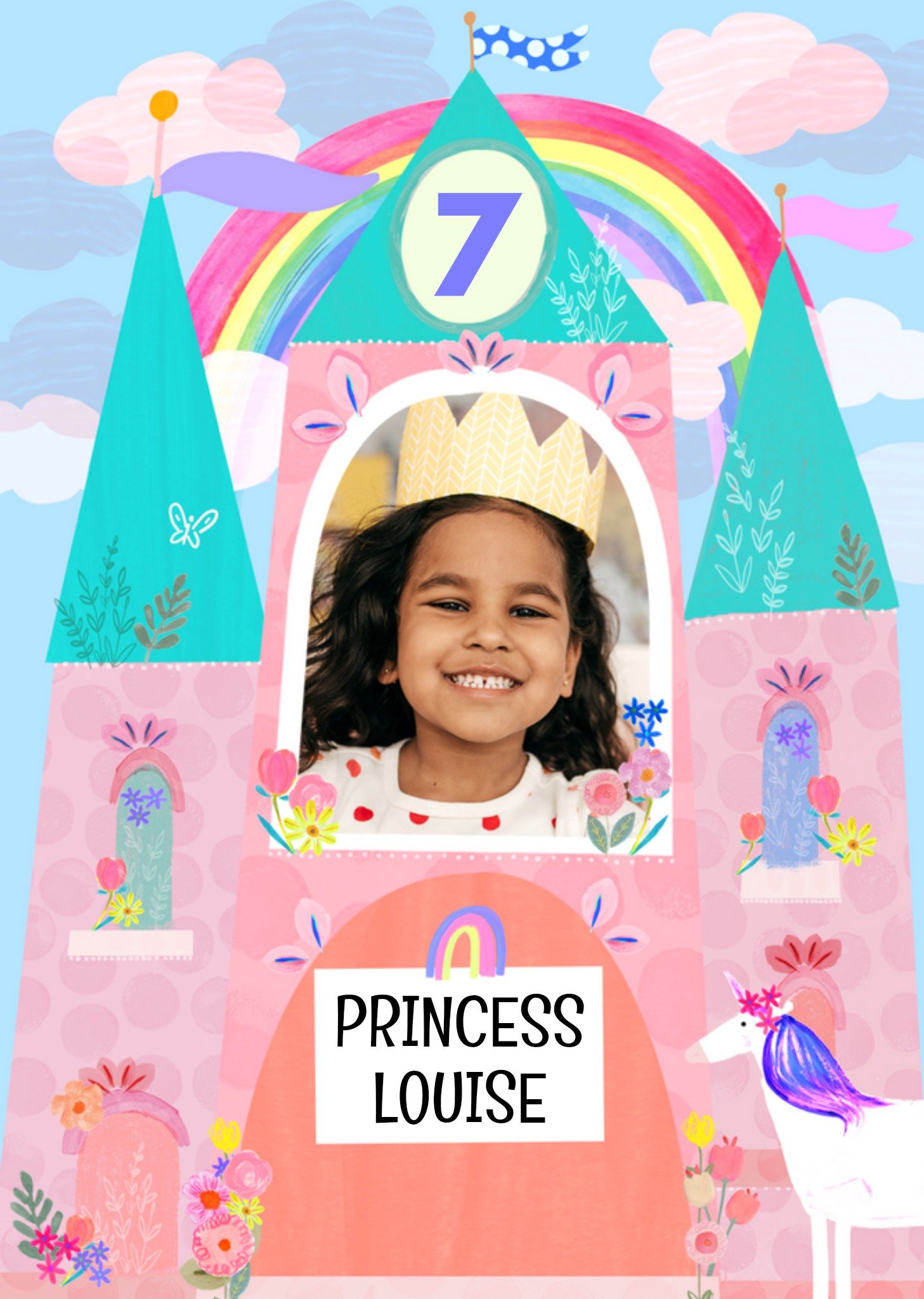 Moonpig Sweet Katt Jones Illustrated Princess Castle And Unicorn Photo Upload Birthday Card, Large