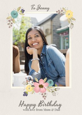 Floral Border Photo Upload Birthday Card