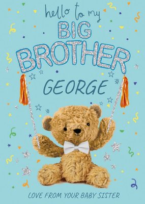 Blue Illustrated Teddy Bear Customisable Hello to My Big Brother Card