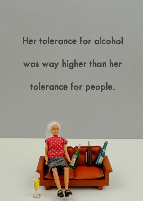 Funny Photographic Female Figurine on Couch Drinking Humour Card