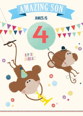 Illustration Of Monkeys In Party Hats With A Balloon And Buntings Son's Birthday Card