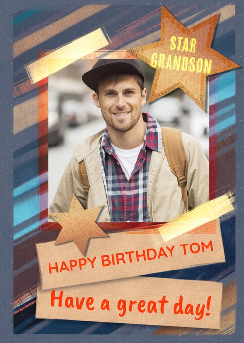 Star Grandson Photo Upload Birthday Card