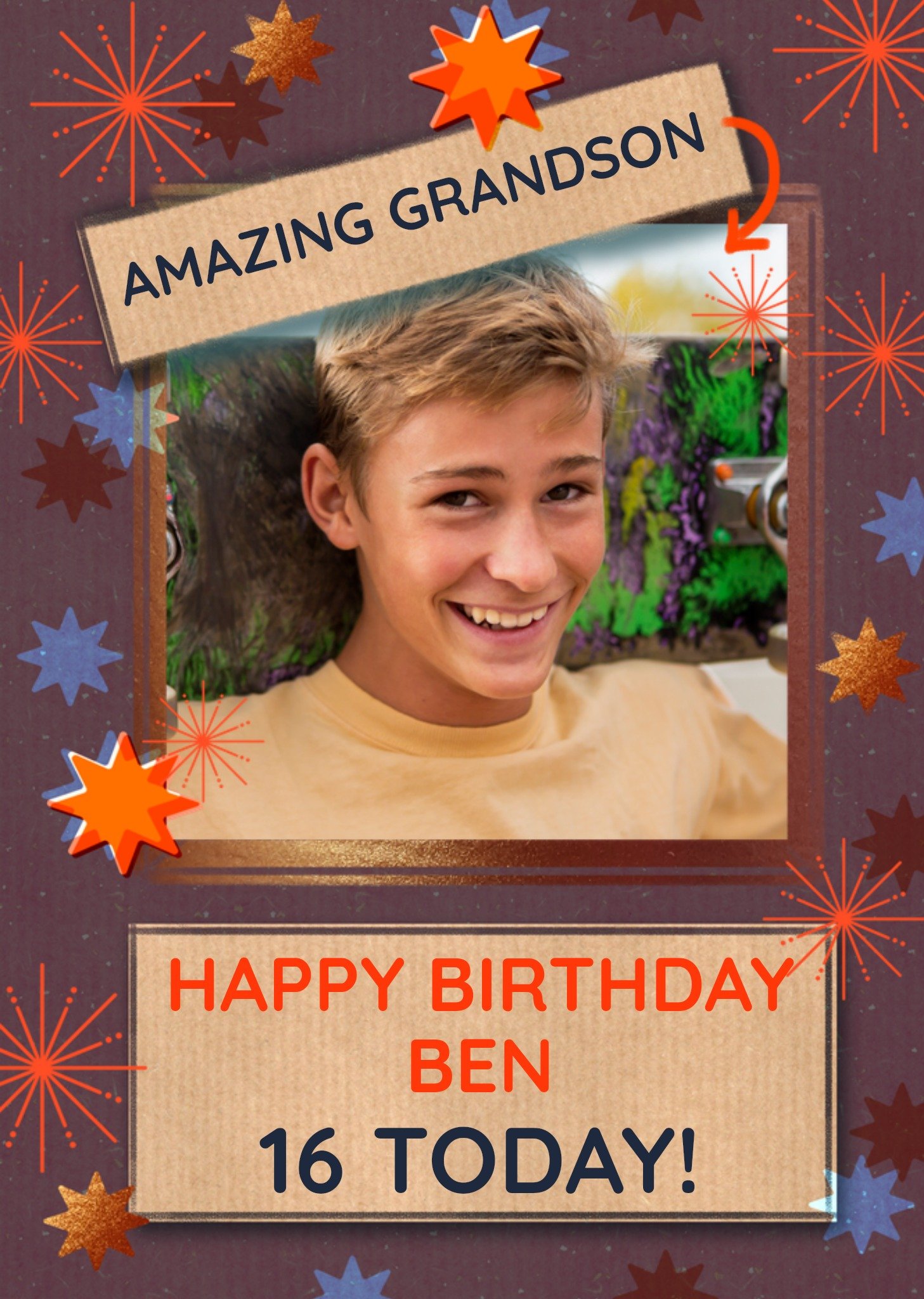 Moonpig Illustrated Stars Amazing Grandson Photo Upload Birthday Card