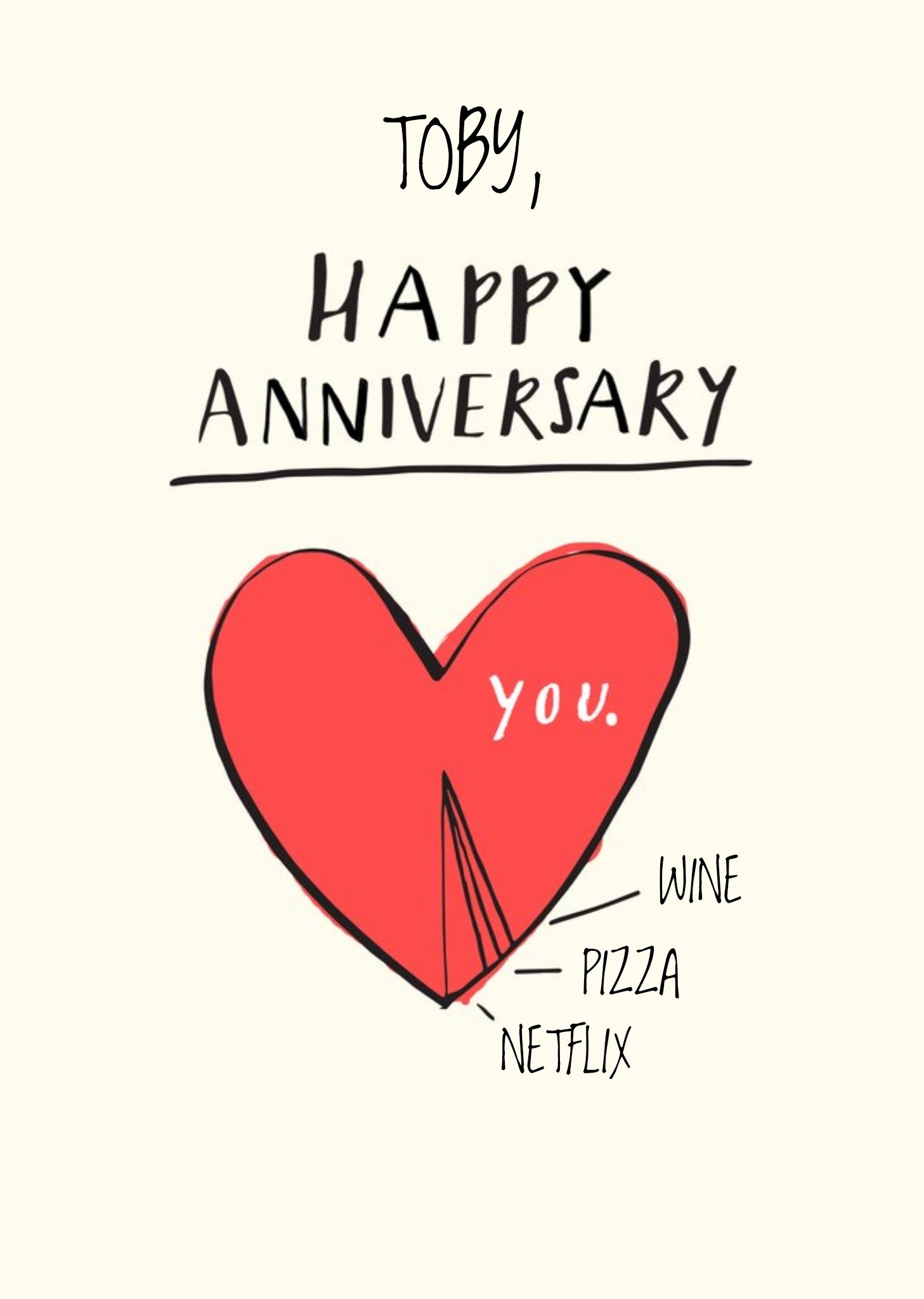 Moonpig Anniversary Card - Love Heart - Wine - Pizza - Netflix
