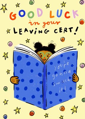 Illustration Of A Girl With A Book Surrounded By Stars And Smiley faces Leaving Certificate Card 