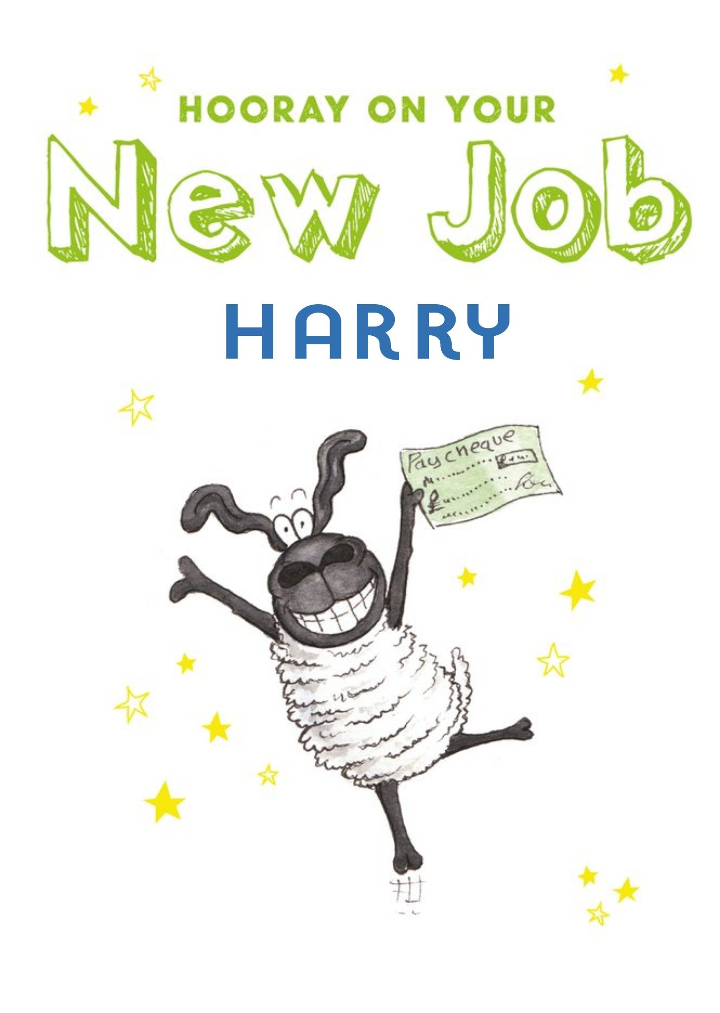 Moonpig Illustration Of A Happy Sheep With A Paycheck New Job Card