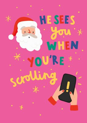 Santa Sees You Scrolling Illustration Christmas Card