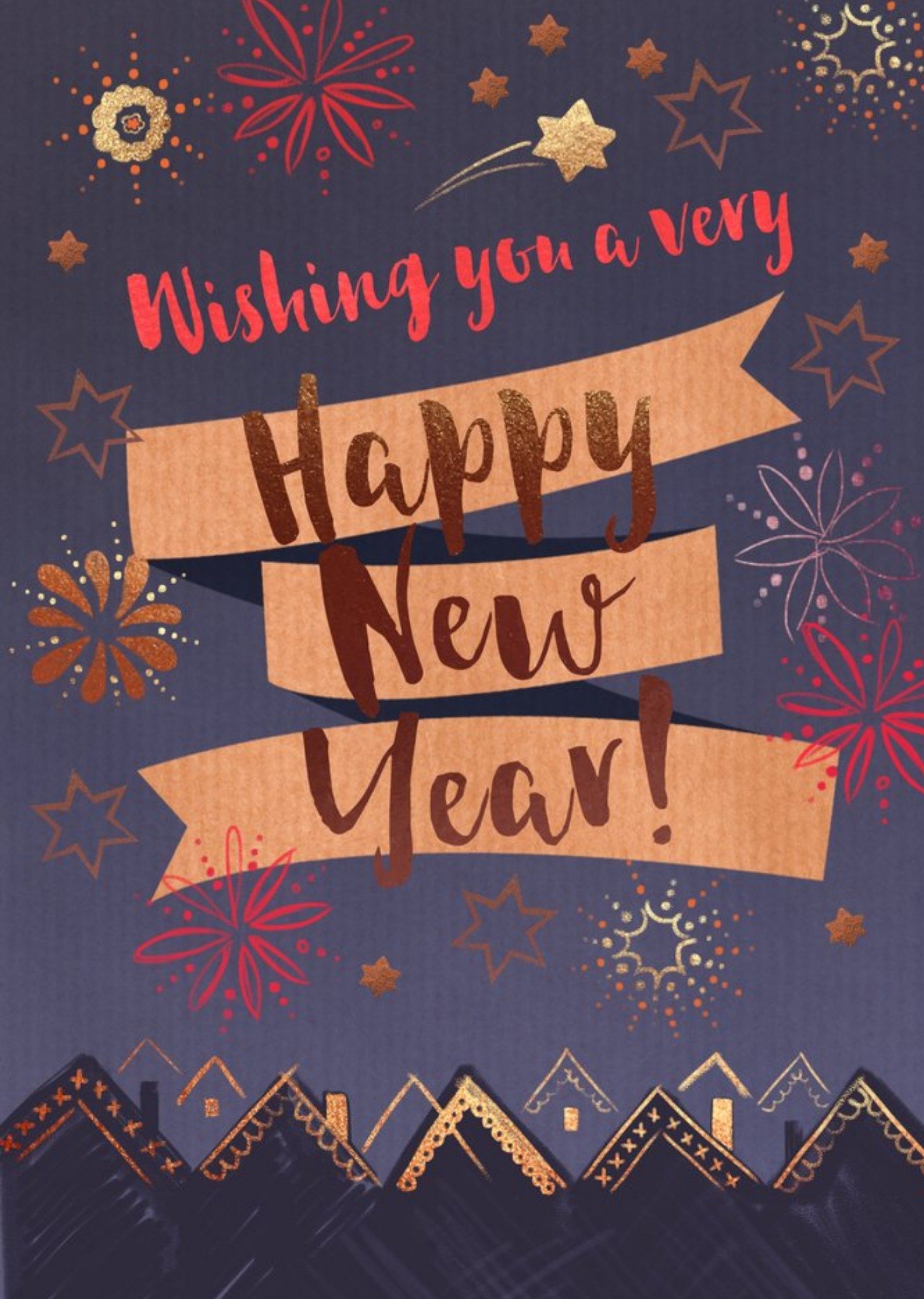 Moonpig Illustration Of A Night Sky Filled With Fireworks Happy New Year Card