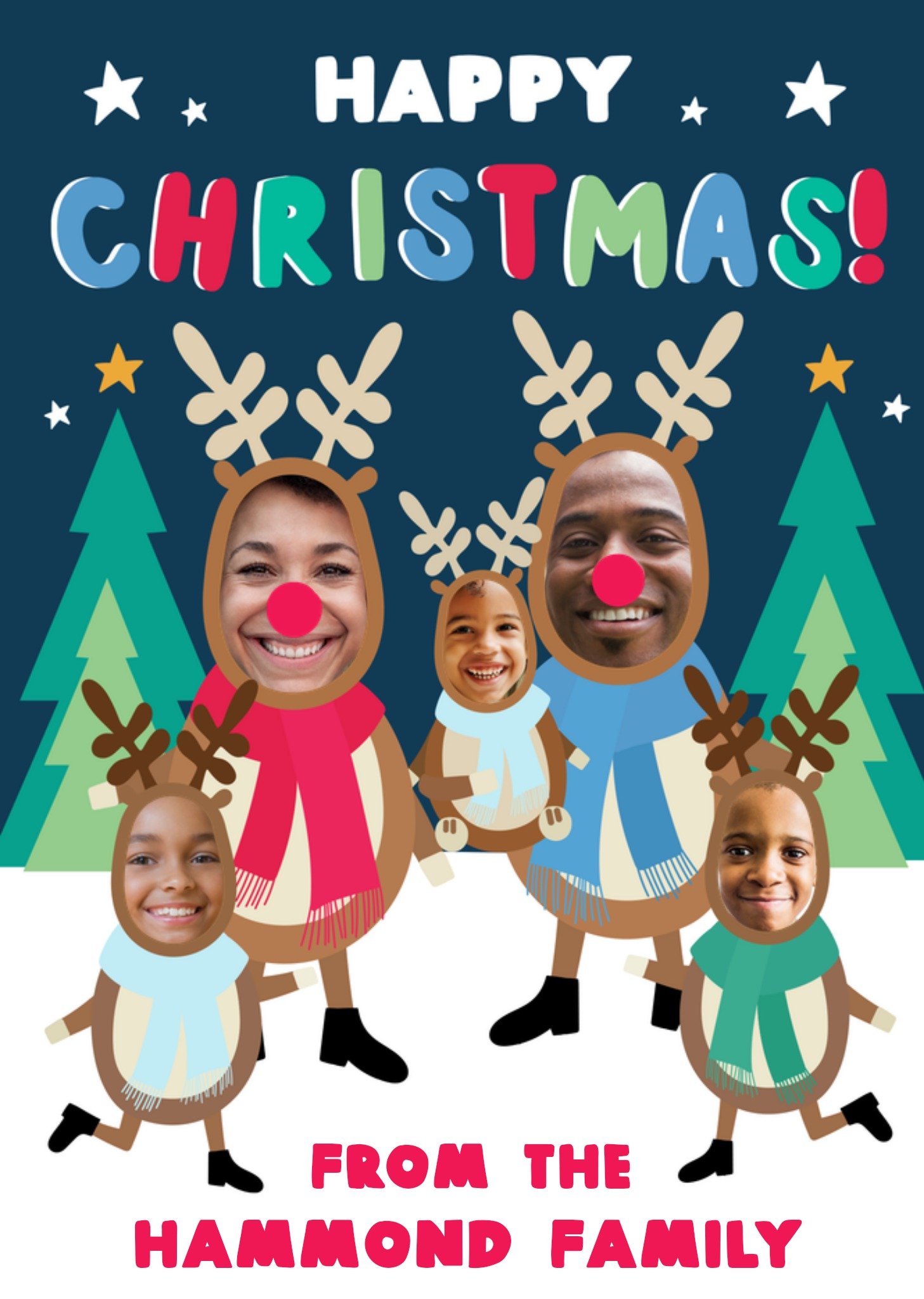 Moonpig Joyful Illustrated Family Of Reindeer Photo Upload Happy Christmas Card