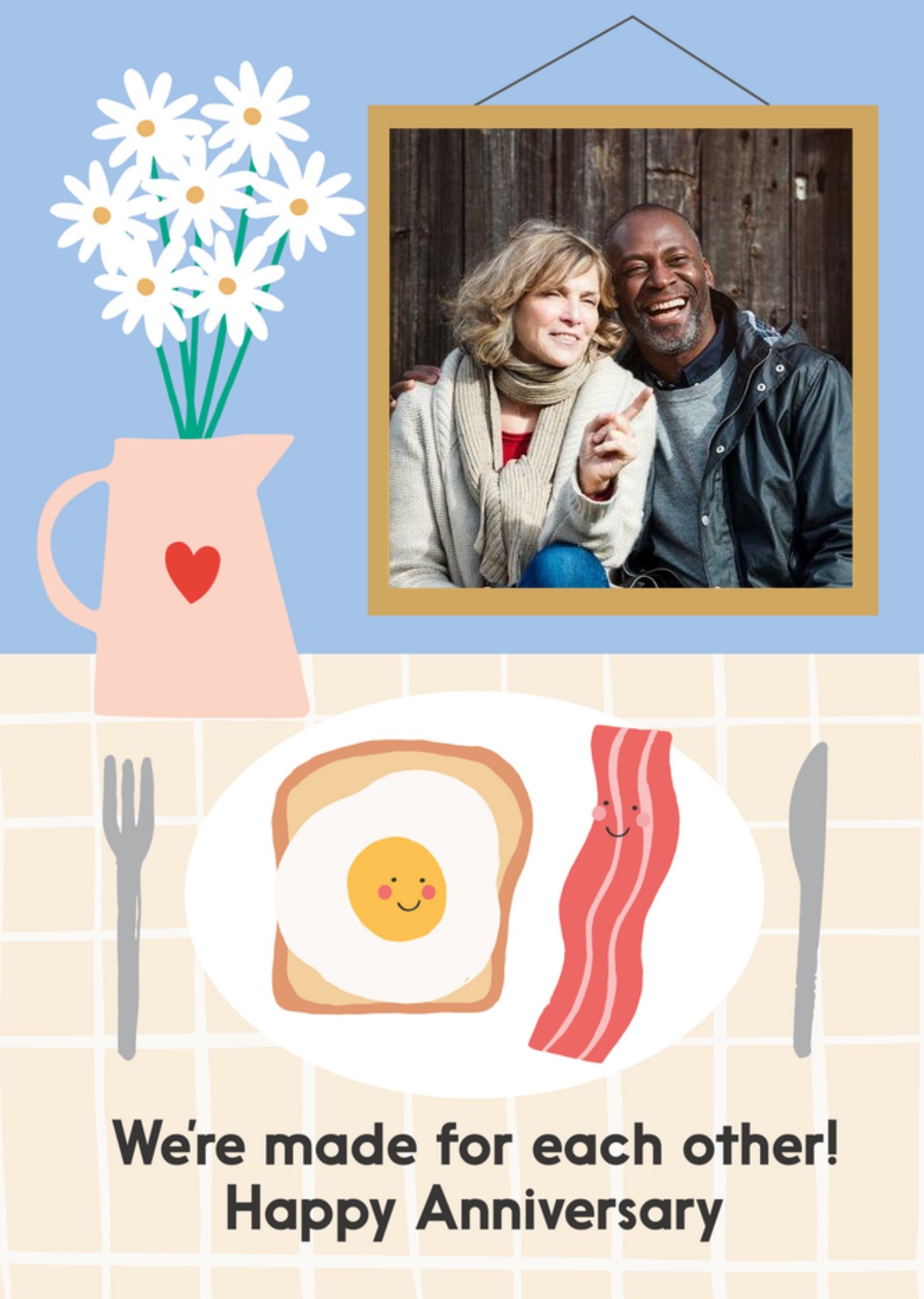 Moonpig Illustration Of Bacon And Egg With A Picture Frame Happy Anniversary Photo Upload Card
