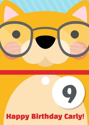 Cartoon Cat With Glasses Personalised Happy 9th Birthday Card